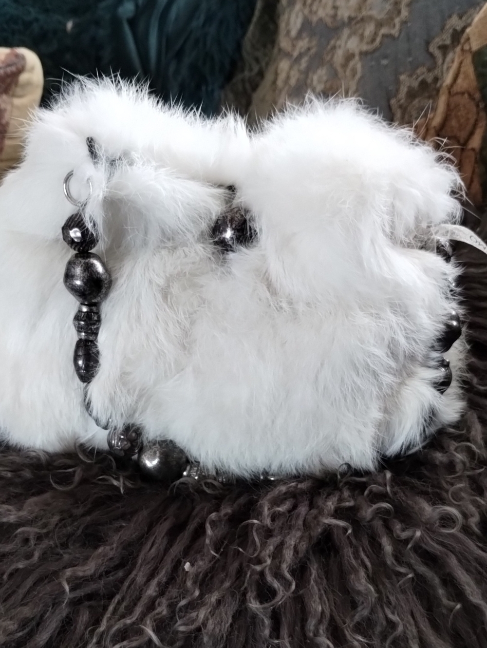 White Desmo Fur Shoulder Bag with Beaded Strap